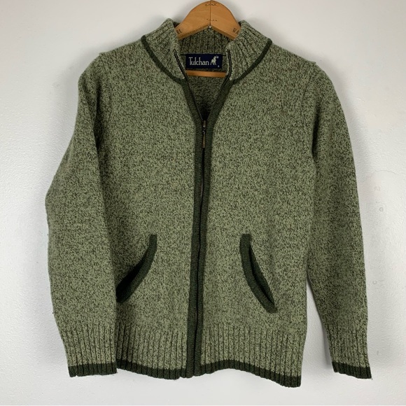 Tulchan Sweater Womens Small Moc Neck Wool Pockets Office Casual Cabincore Green - Picture 1 of 9